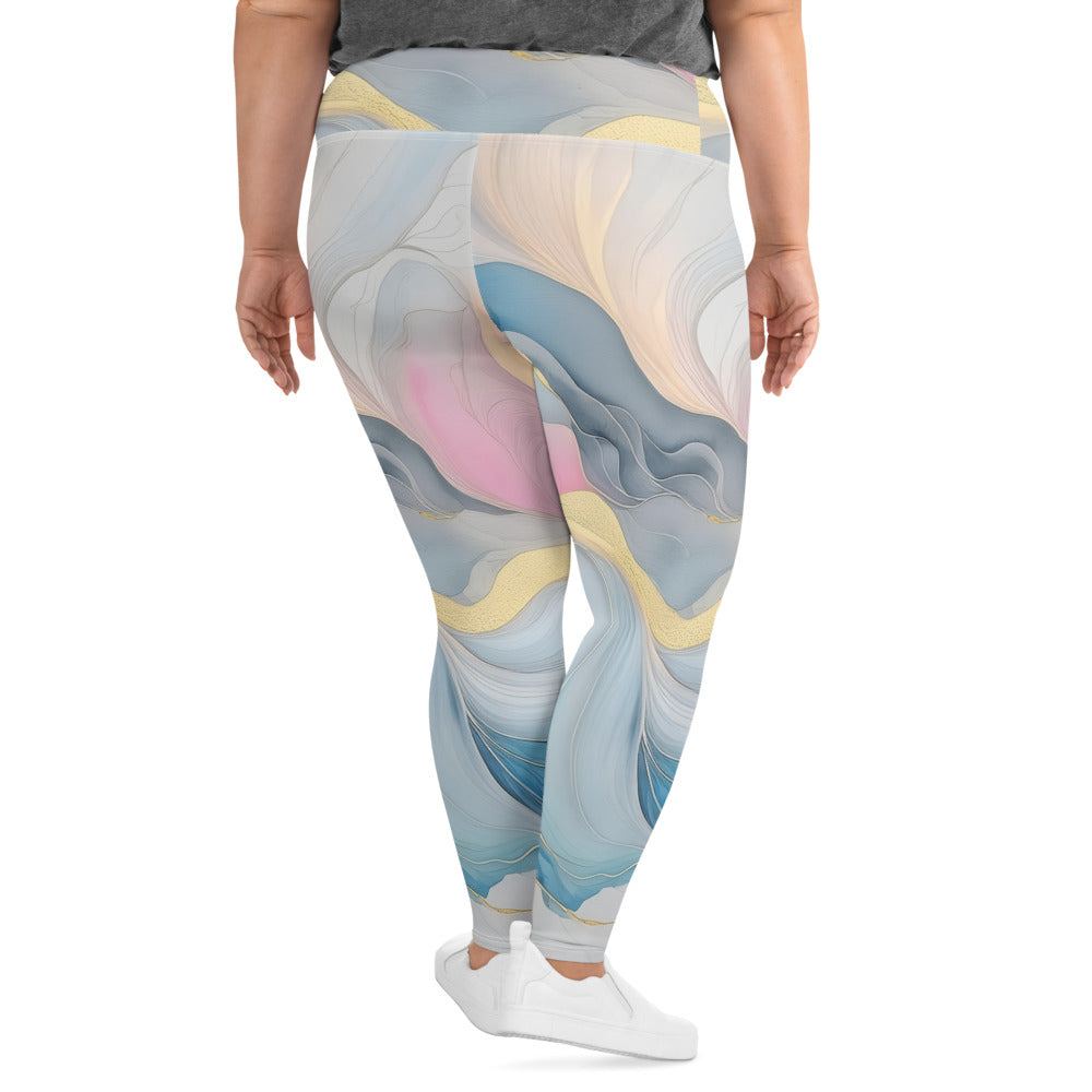 Womens Plus Size Fitness Leggings in Marble Cloud design featuring grey, pink, and blue colors, showcasing a comfortable high waistband.