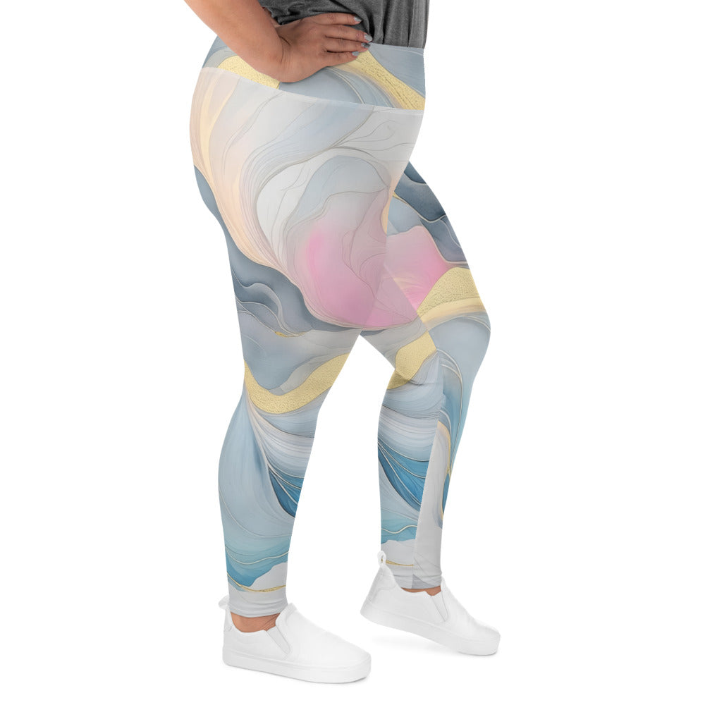 Womens Plus Size Fitness Leggings in Marble Cloud design featuring grey, pink, and blue colors, showcasing a comfortable high waistband.