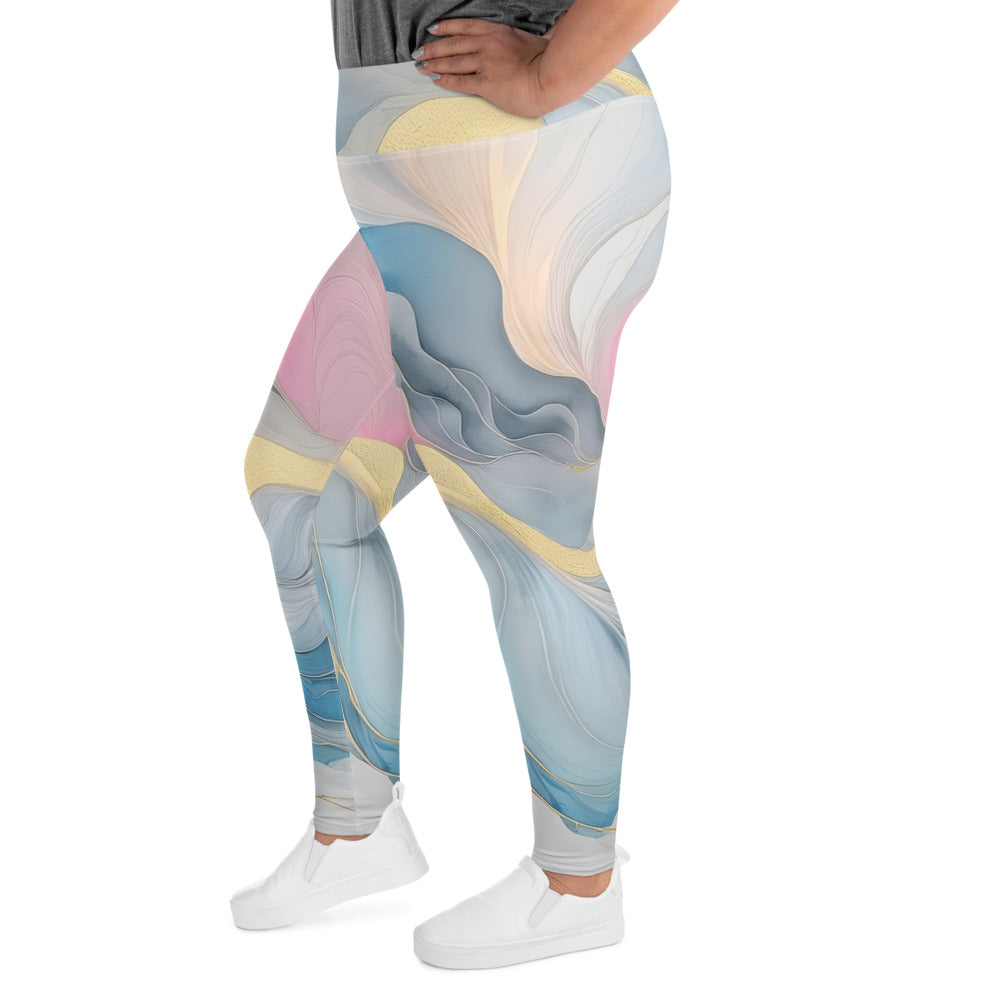 Womens Plus Size Fitness Leggings in Marble Cloud design featuring grey, pink, and blue colors, showcasing a comfortable high waistband.