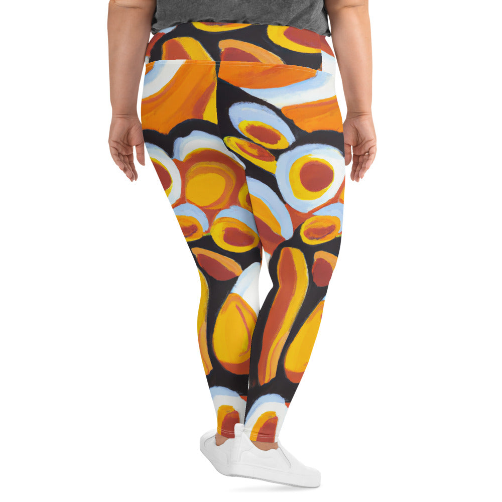 Womens Plus Size Fitness Leggings featuring an orange, black, and white geometric print, showcasing a comfortable high waistband and soft fabric.