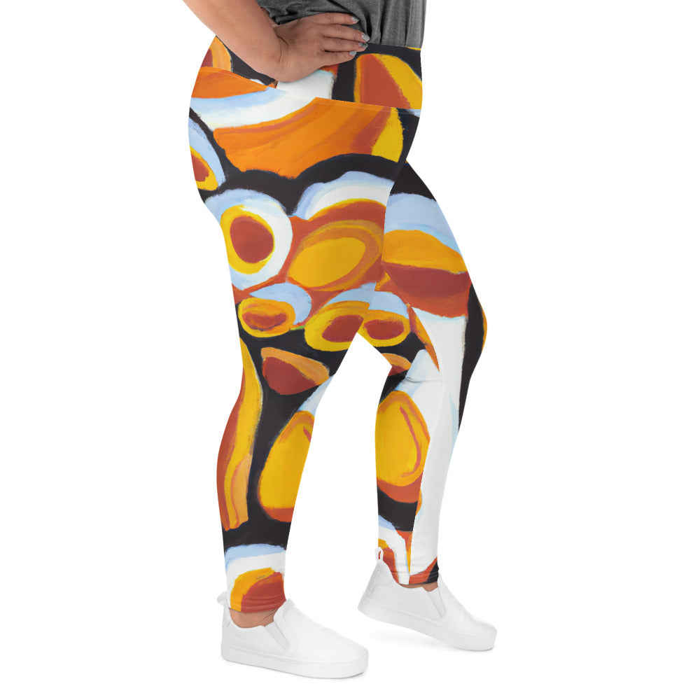 Womens Plus Size Fitness Leggings featuring an orange, black, and white geometric print, showcasing a comfortable high waistband and soft fabric.