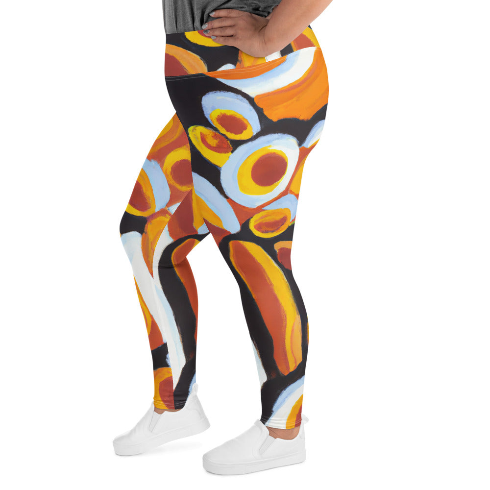 Womens Plus Size Fitness Leggings featuring an orange, black, and white geometric print, showcasing a comfortable high waistband and soft fabric.