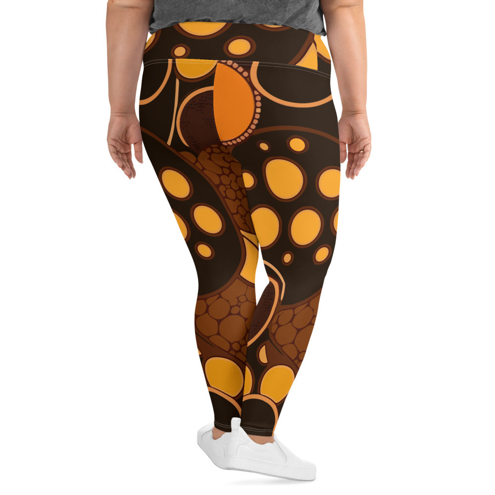 Womens Plus Size Fitness Leggings featuring an orange brown spotted print, showcasing a high waistband and soft fabric.