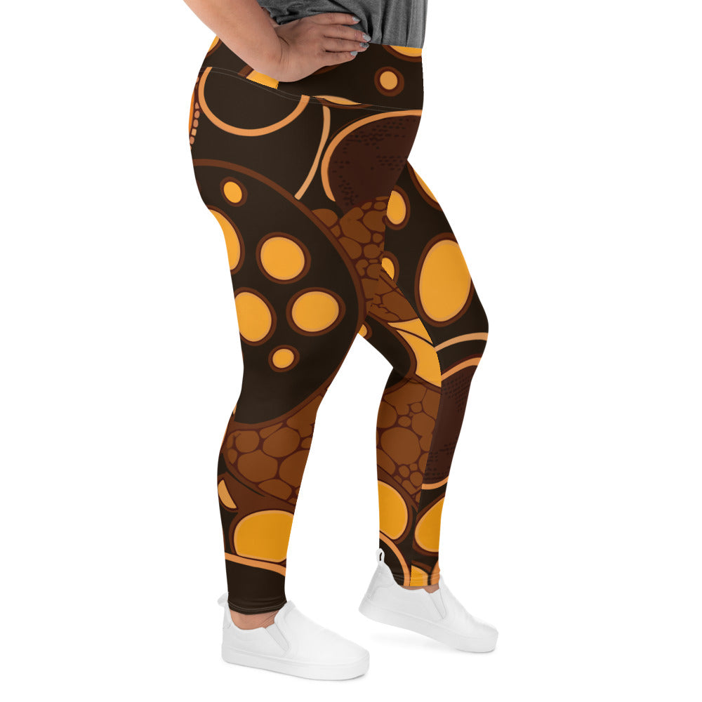 Womens Plus Size Fitness Leggings featuring an orange brown spotted print, showcasing a high waistband and soft fabric.