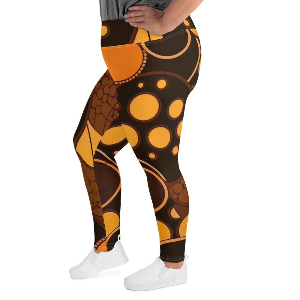 Womens Plus Size Fitness Leggings featuring an orange brown spotted print, showcasing a high waistband and soft fabric.