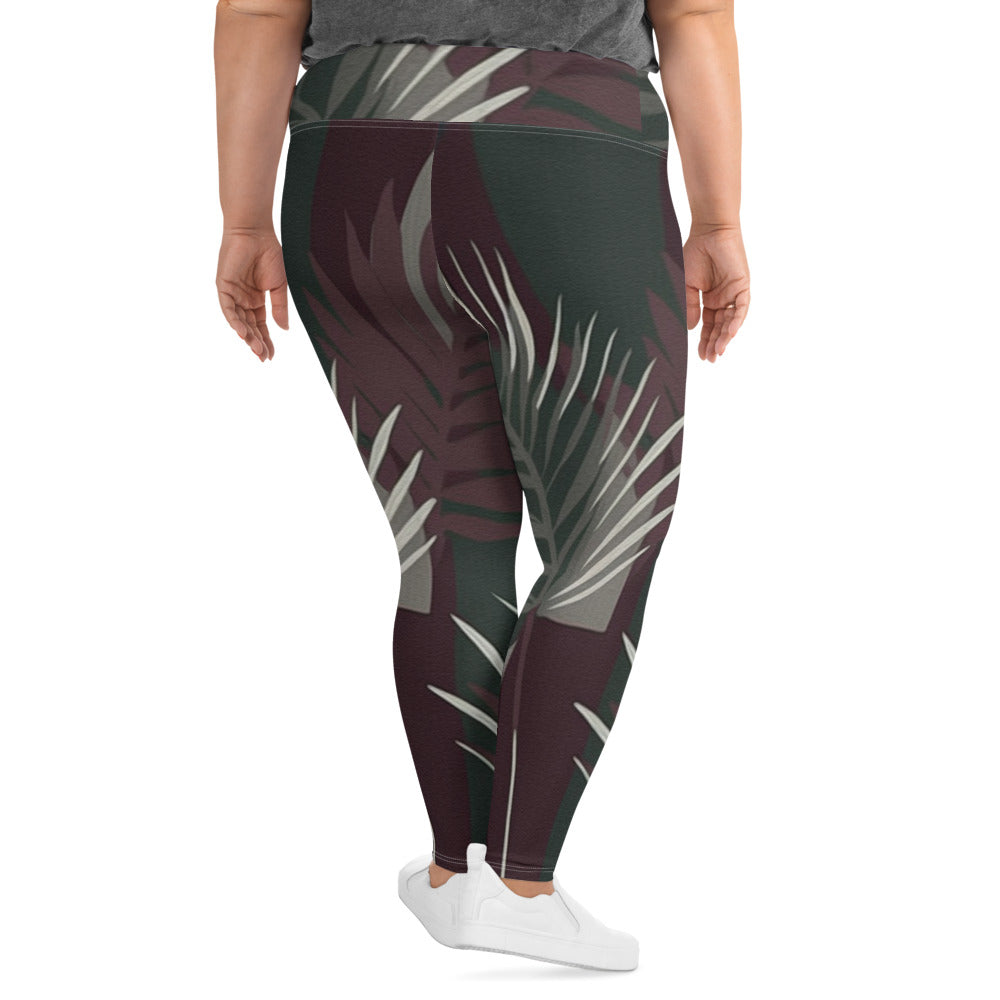 Womens Plus Size Fitness Leggings in maroon and green with palm tree leaves design, showcasing a comfortable fit and stylish look.