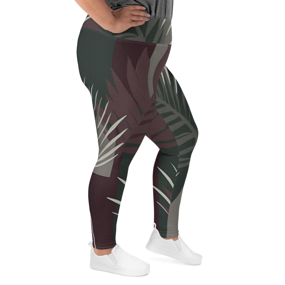 Womens Plus Size Fitness Leggings in maroon and green with palm tree leaves design, showcasing a comfortable fit and stylish look.