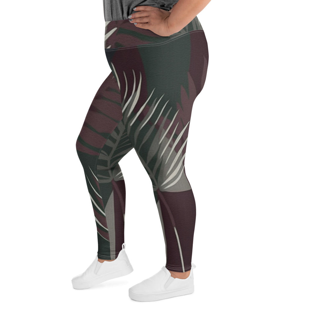 Womens Plus Size Fitness Leggings in maroon and green with palm tree leaves design, showcasing a comfortable fit and stylish look.