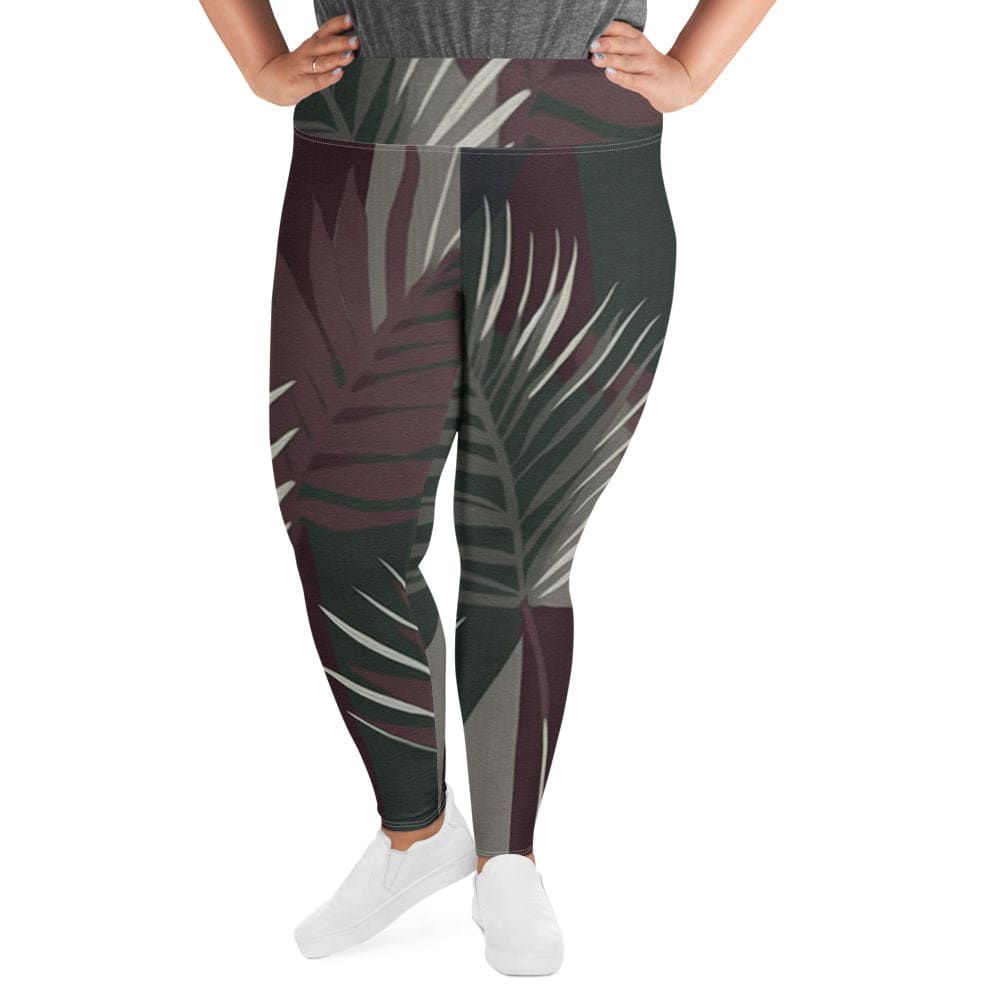 Womens Plus Size Fitness Leggings in maroon and green with palm tree leaves design, showcasing a comfortable fit and stylish look.