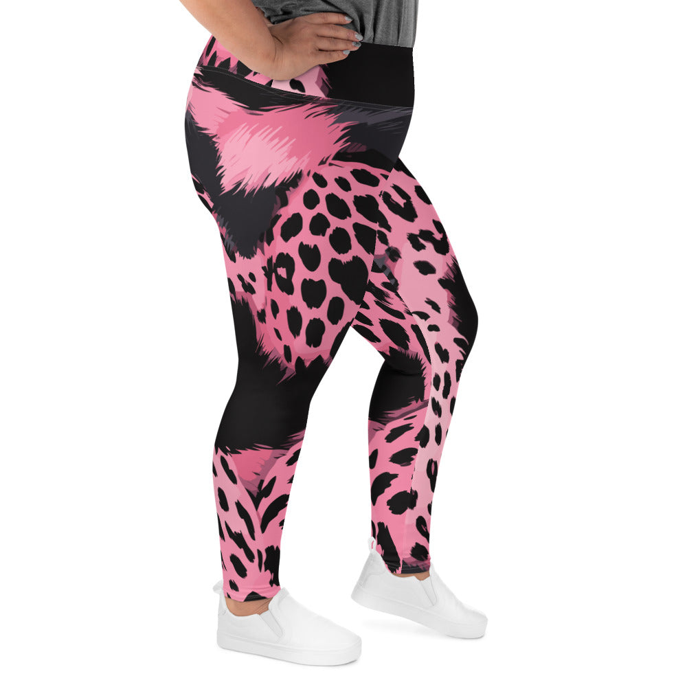 Womens Plus Size Fitness Leggings featuring a pink and black spotted print, designed for comfort and style.