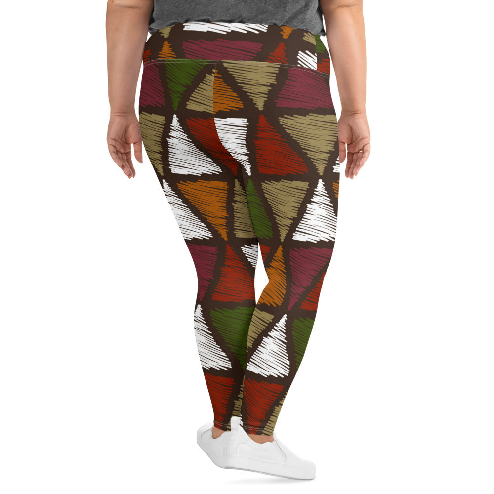 Womens Plus Size Fitness Leggings featuring red and green geometric lines, showcasing a comfortable fit and stylish design.