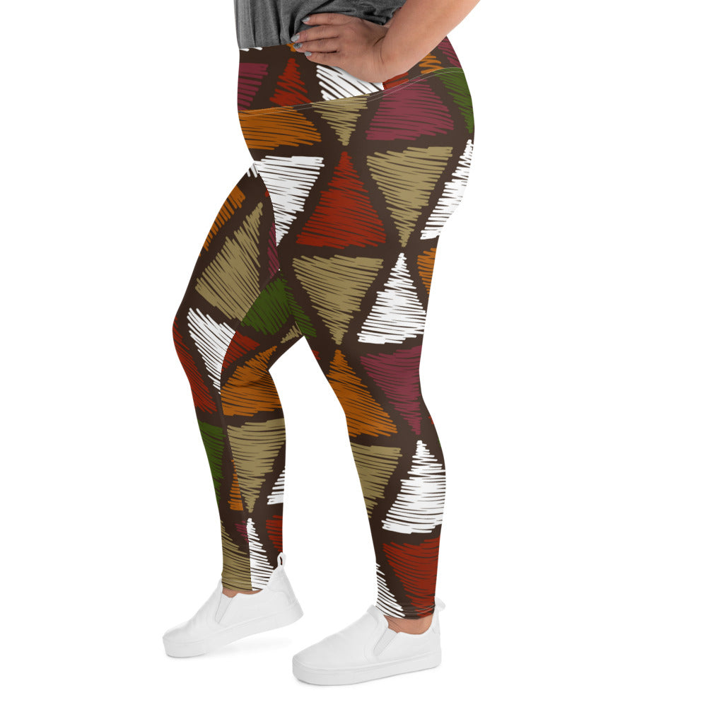 Womens Plus Size Fitness Leggings featuring red and green geometric lines, showcasing a comfortable fit and stylish design.