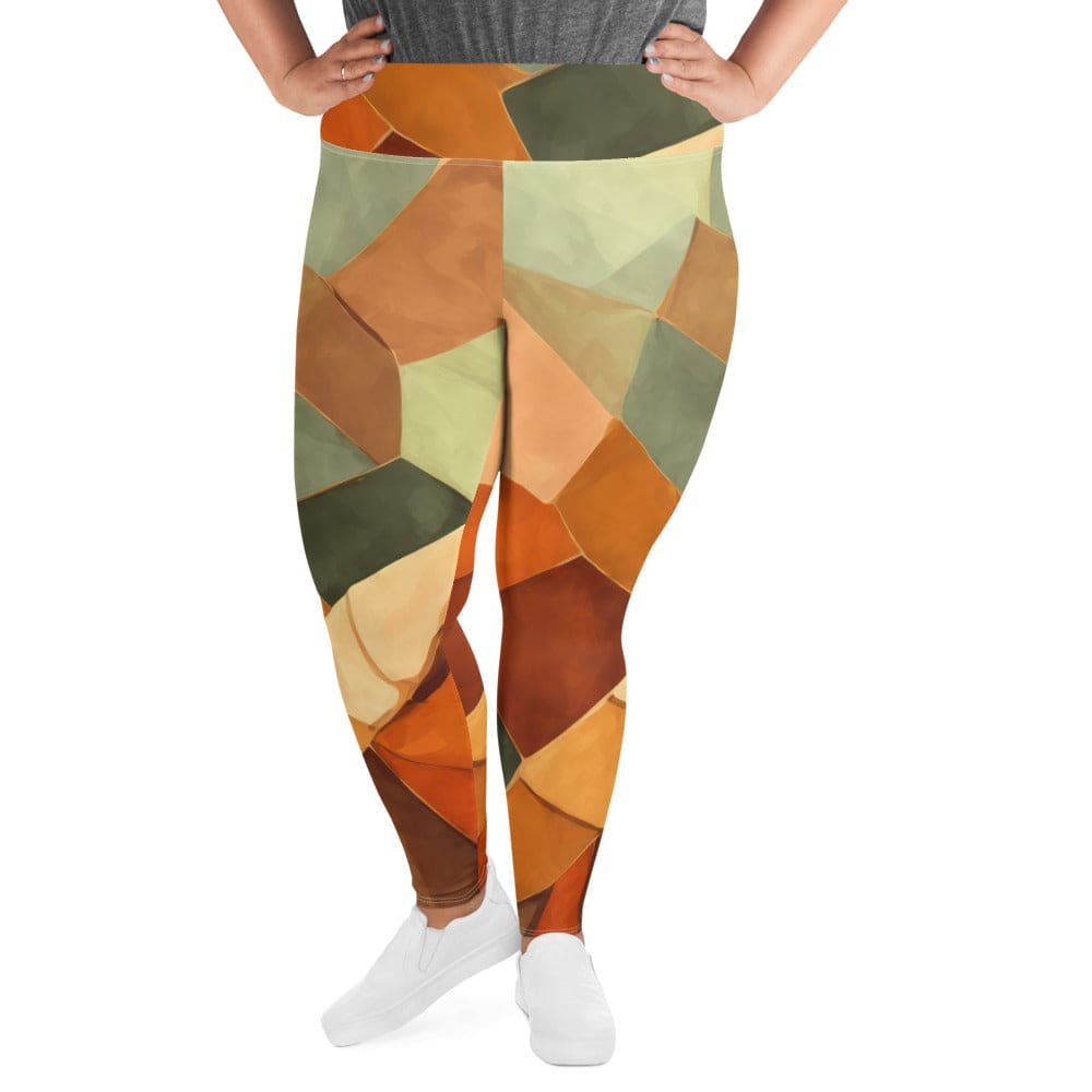 Womens Plus Size Fitness Leggings in Rustic Red Abstract Pattern, showcasing soft fabric and a comfortable high waistband.