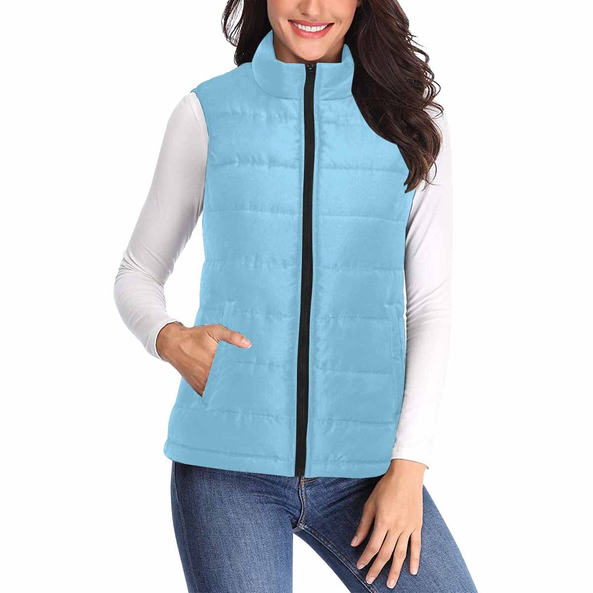 Women's Puffer Vest Jacket in Baby Blue, featuring a quilted design and zipper closure, perfect for layering in colder weather.