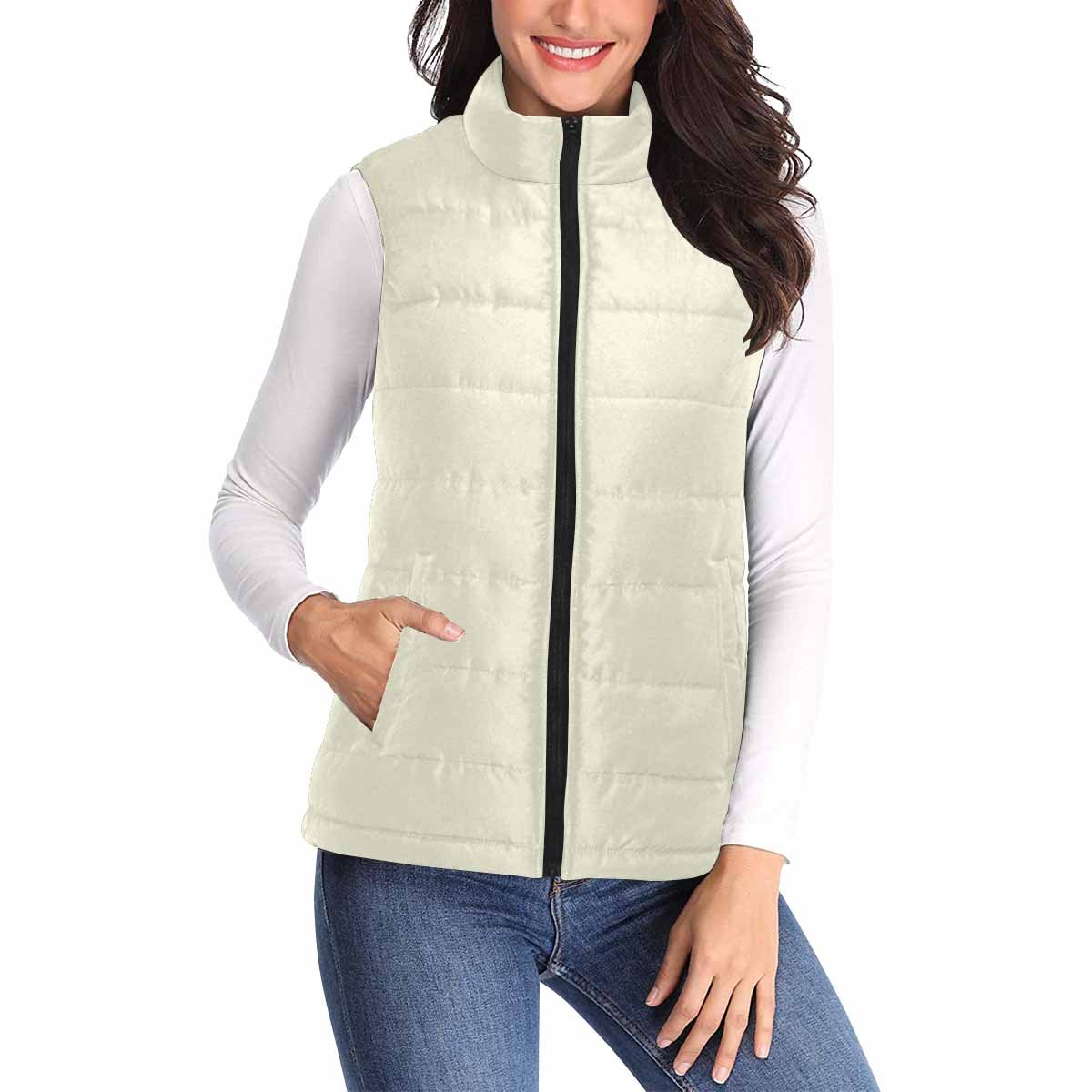 Beige Women's Puffer Vest Jacket with quilted design and zipper closure, featuring two large pockets.