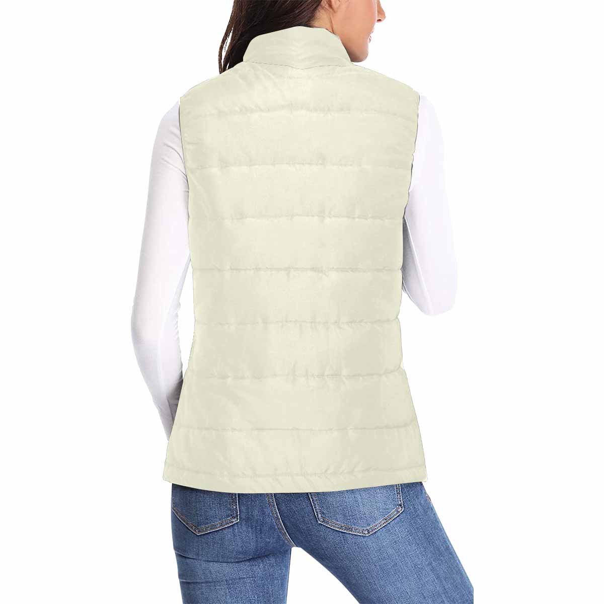 Beige Women's Puffer Vest Jacket with quilted design and zipper closure, featuring two large pockets.