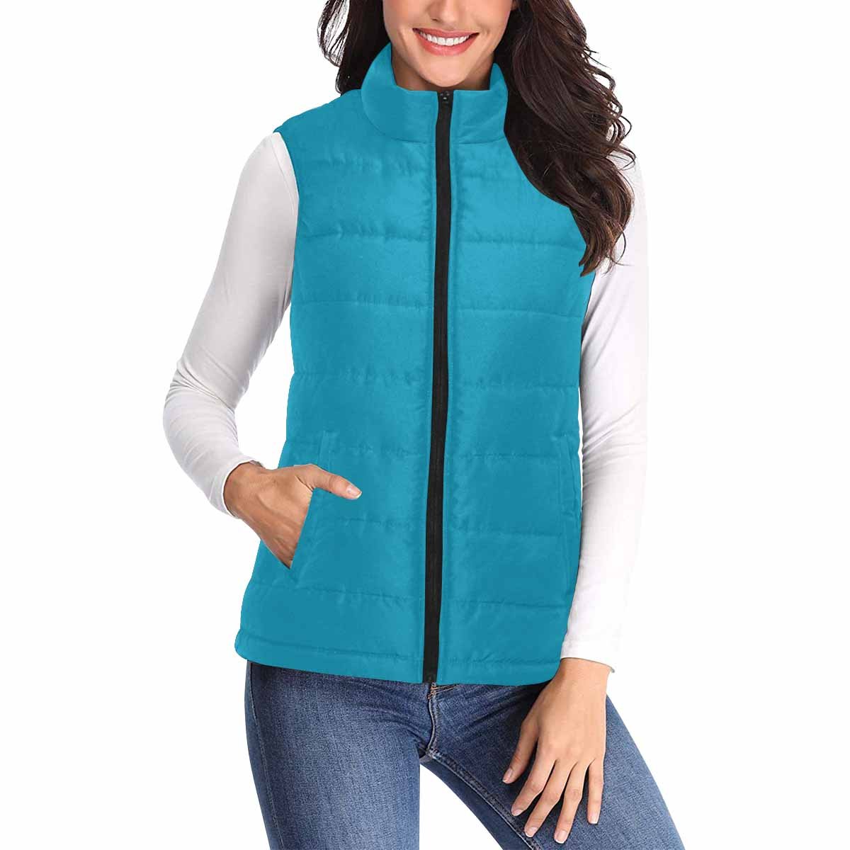 Women's Puffer Vest Jacket in Blue Green, featuring a quilted design, zipper closure, and two large pockets.