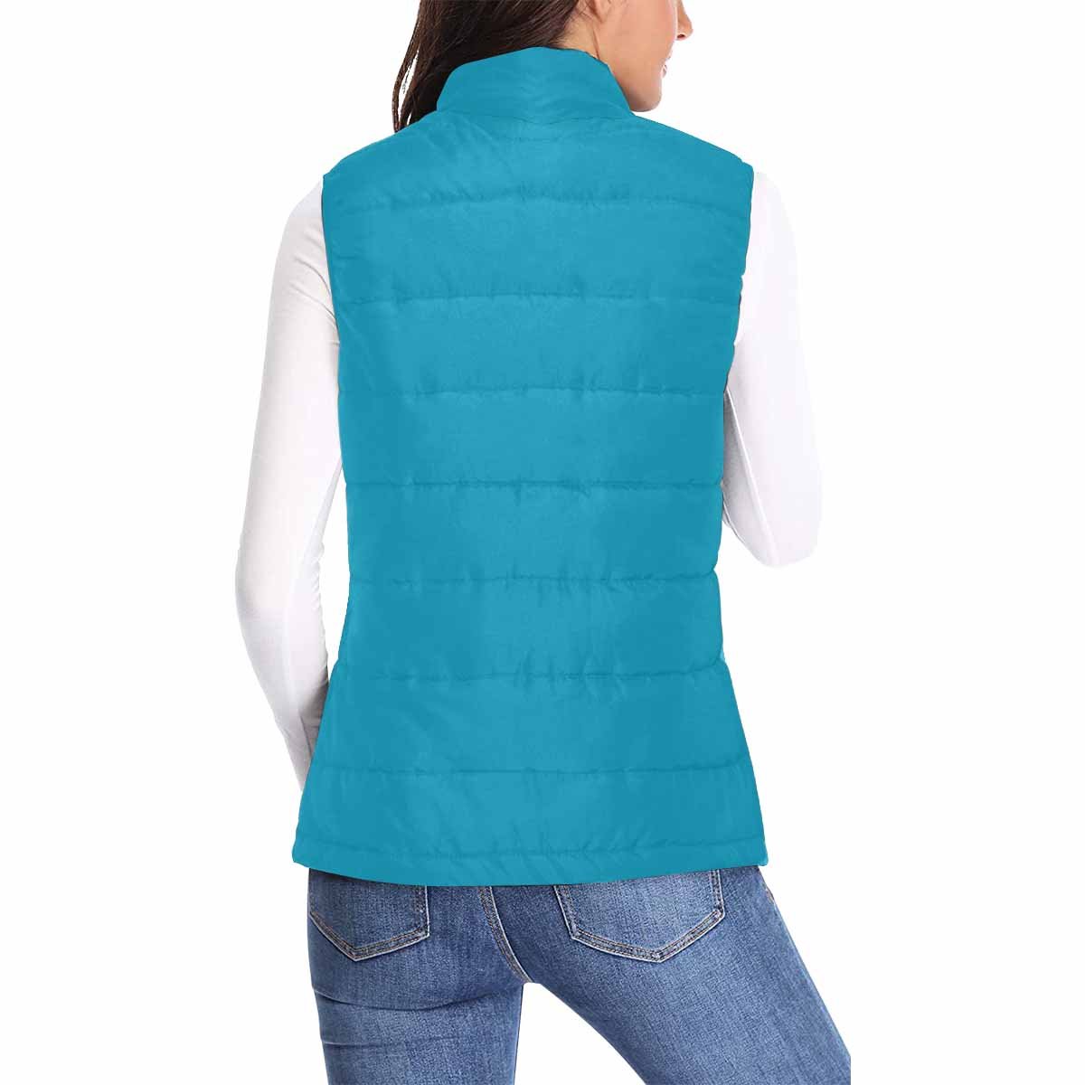 Women's Puffer Vest Jacket in Blue Green, featuring a quilted design, zipper closure, and two large pockets.