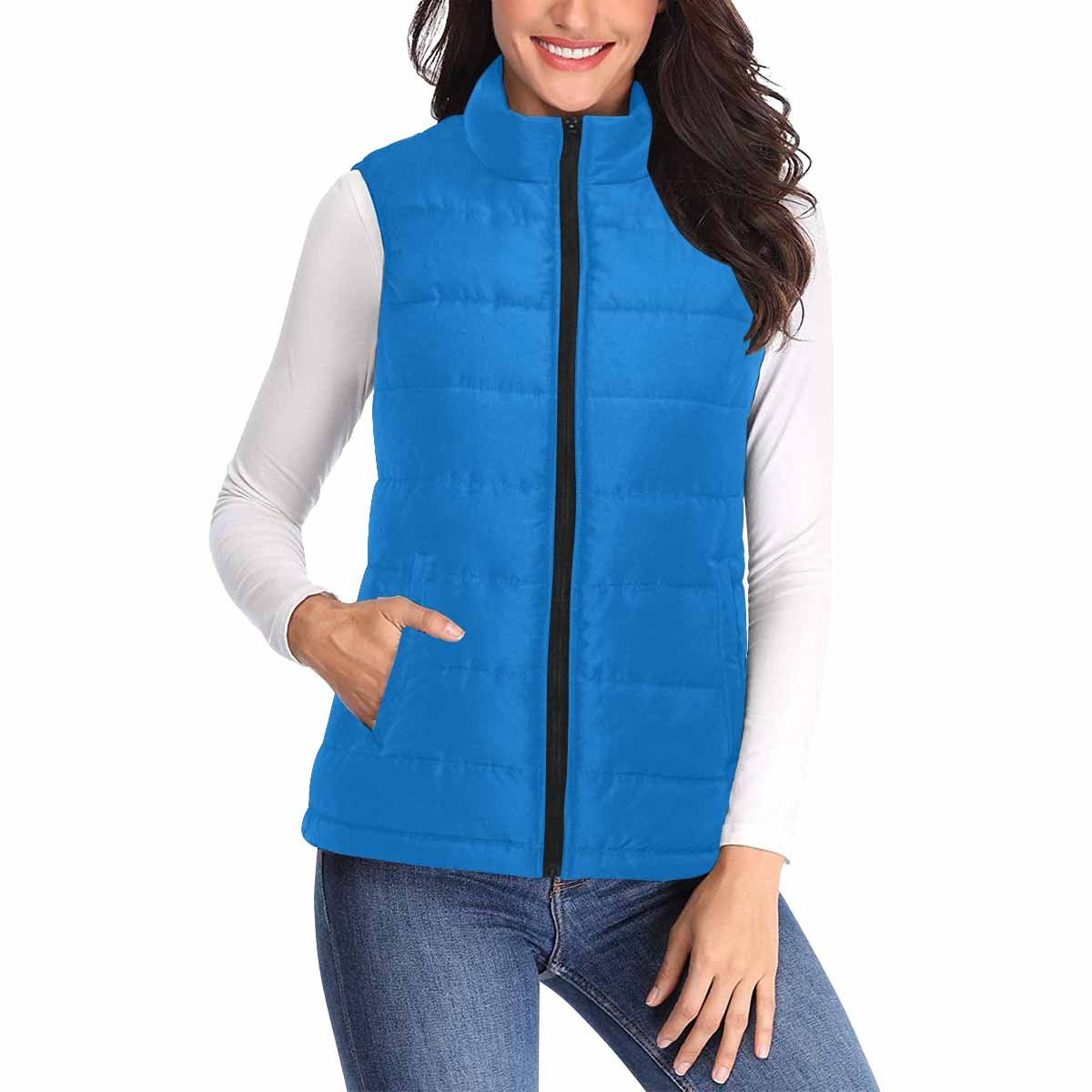 Women's Puffer Vest Jacket in Blue Grotto, featuring a quilted design and zipper closure, perfect for layering in cold weather.