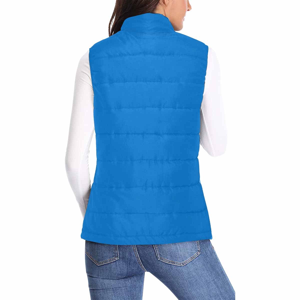 Women's Puffer Vest Jacket in Blue Grotto, featuring a quilted design and zipper closure, perfect for layering in cold weather.