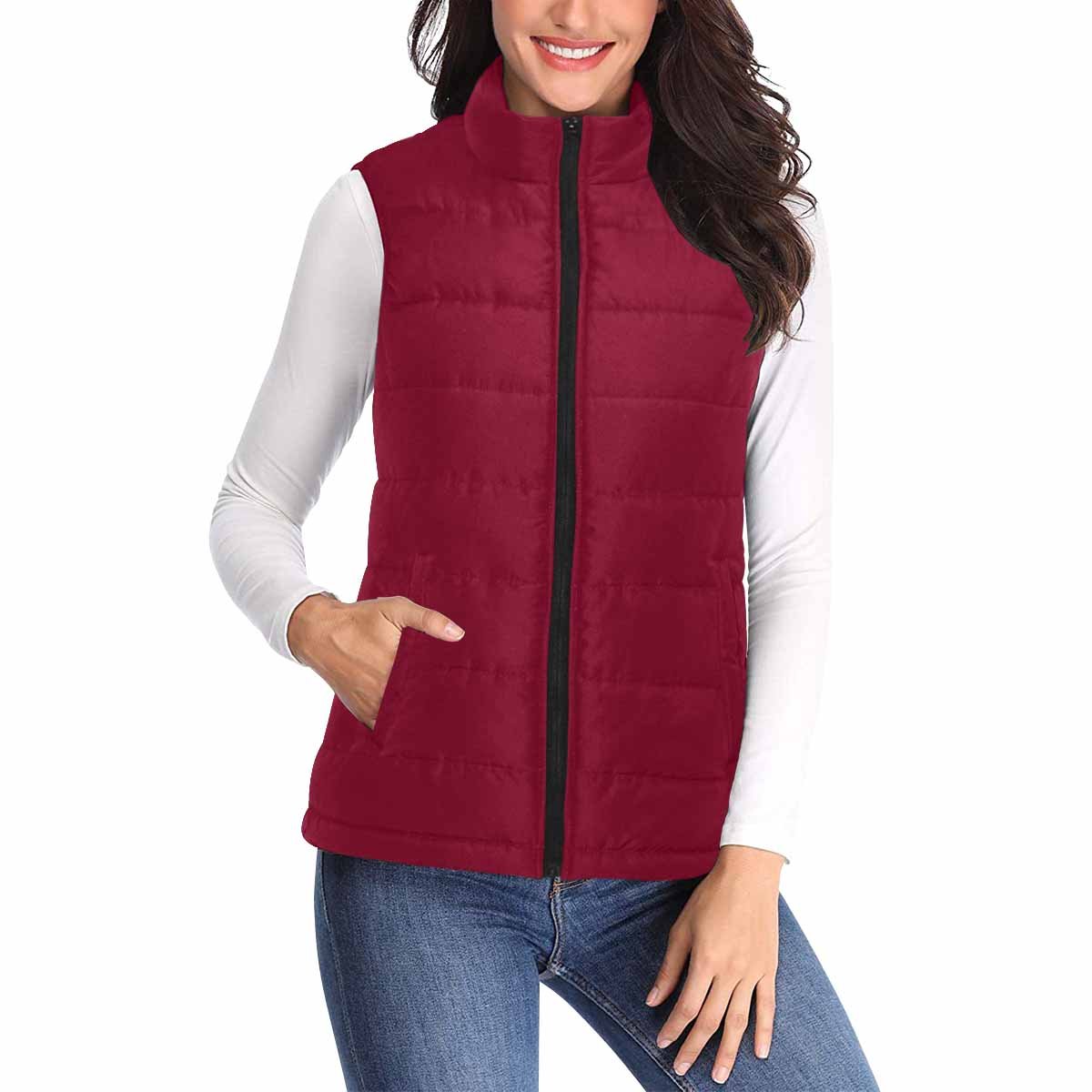 Women's Burgundy Red Puffer Vest Jacket featuring a quilted design and zipper closure, perfect for layering in cold weather.