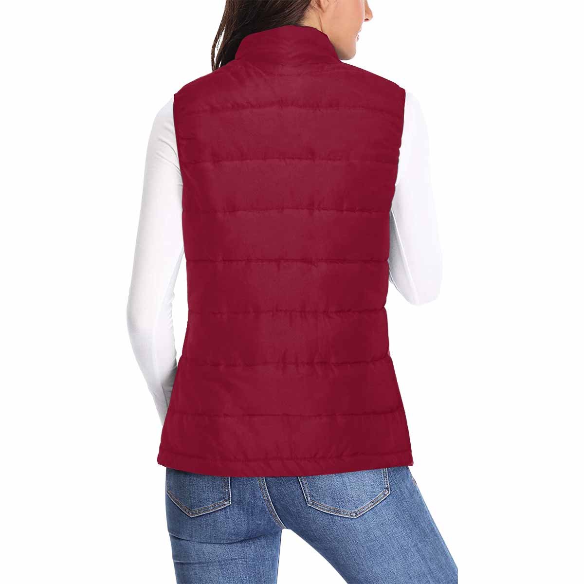 Women's Burgundy Red Puffer Vest Jacket featuring a quilted design and zipper closure, perfect for layering in cold weather.