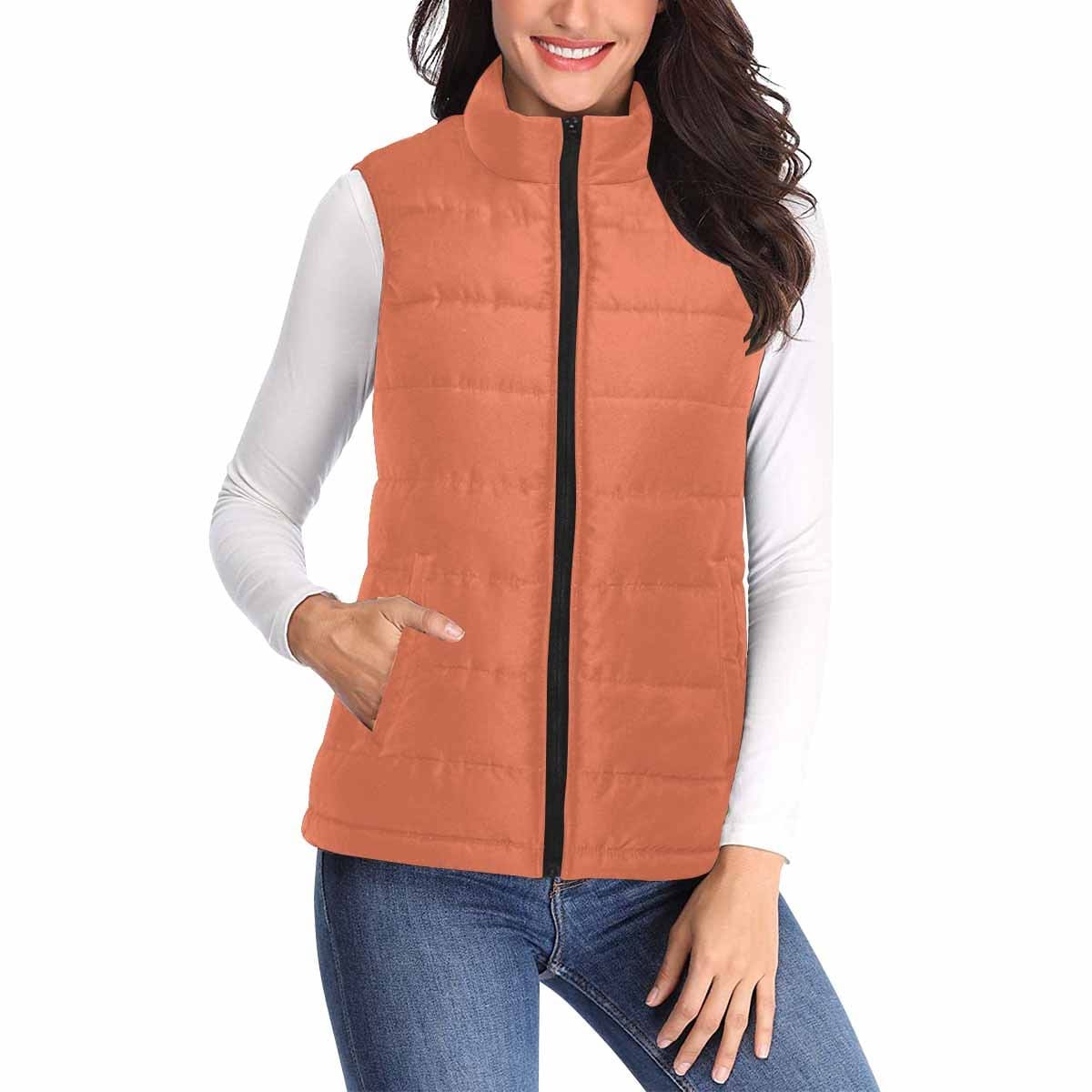 Womens Puffer Vest Jacket in Burnt Sienna Red, featuring a quilted design and zipper closure, perfect for layering in cold weather.