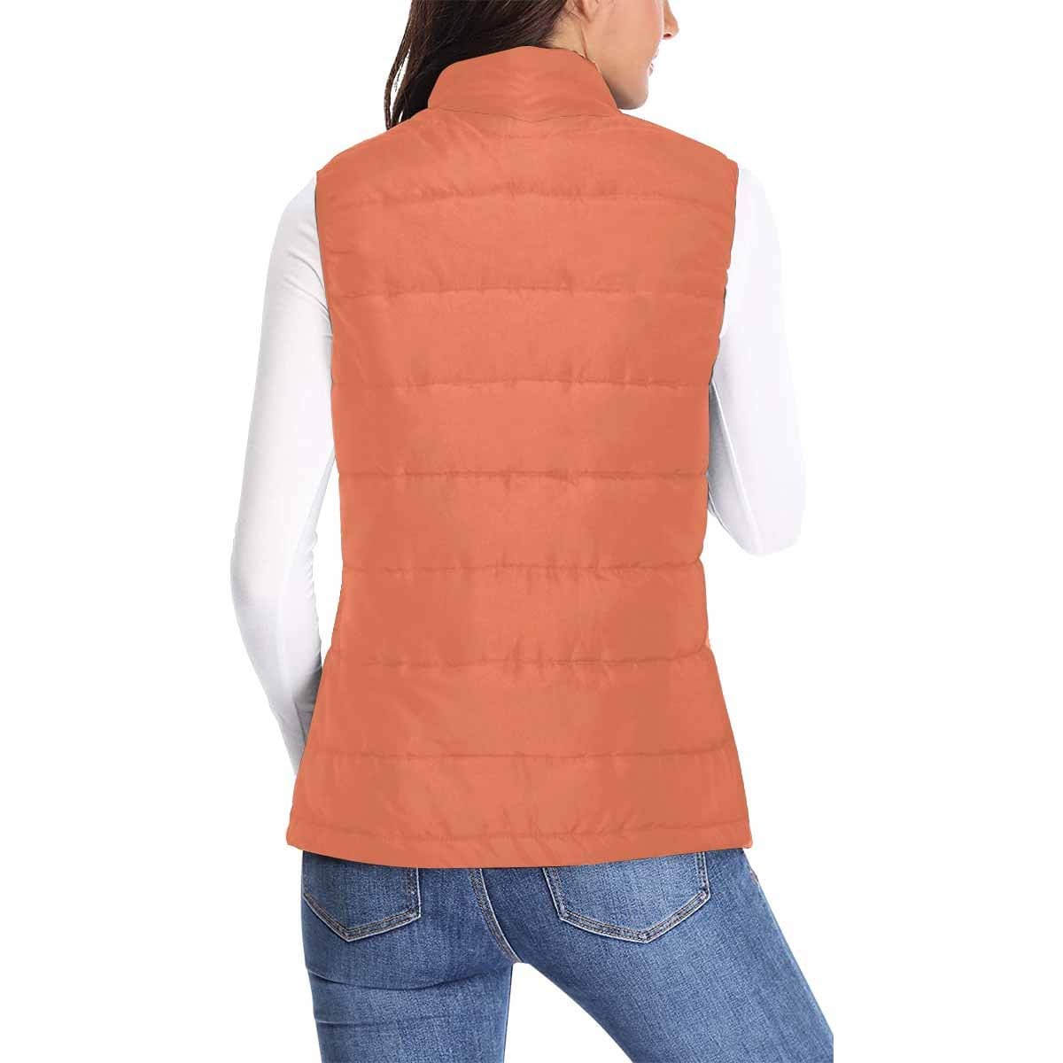 Womens Puffer Vest Jacket in Burnt Sienna Red, featuring a quilted design and zipper closure, perfect for layering in cold weather.