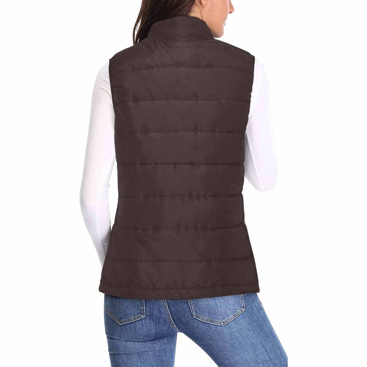 Women's Puffer Vest Jacket in Carafe Brown, featuring a quilted design, zipper closure, and two large pockets.