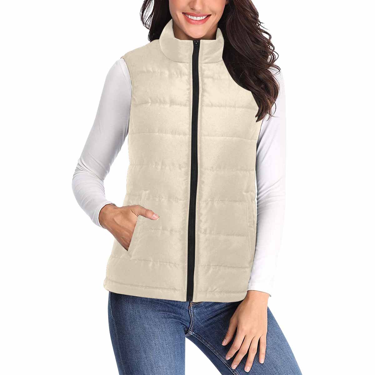 Women's Puffer Vest Jacket in Champagne Beige, featuring a quilted design and zipper closure, perfect for stylish layering.