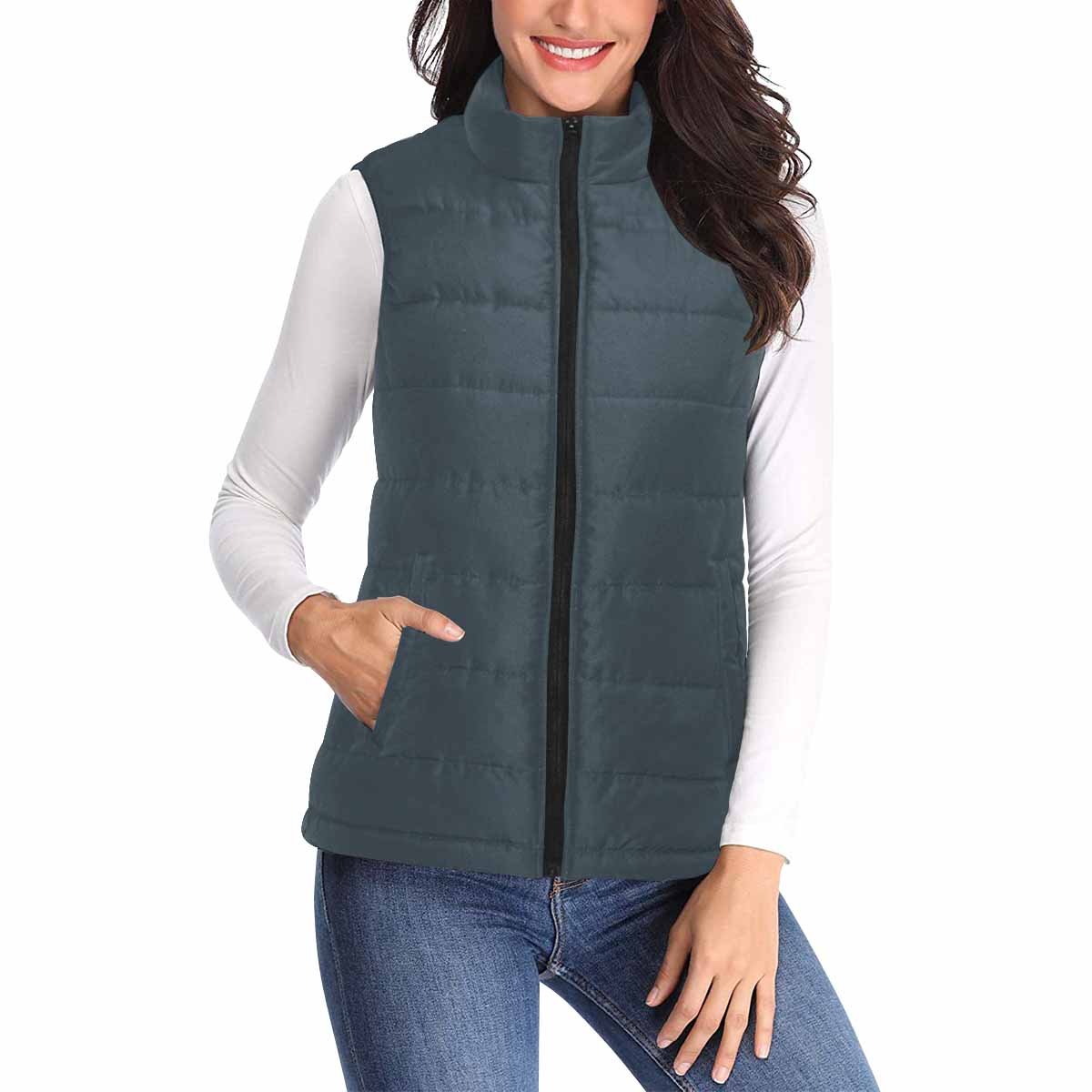 Women's Puffer Vest Jacket in Charcoal Black, featuring a quilted design and zipper closure, perfect for layering and staying warm.