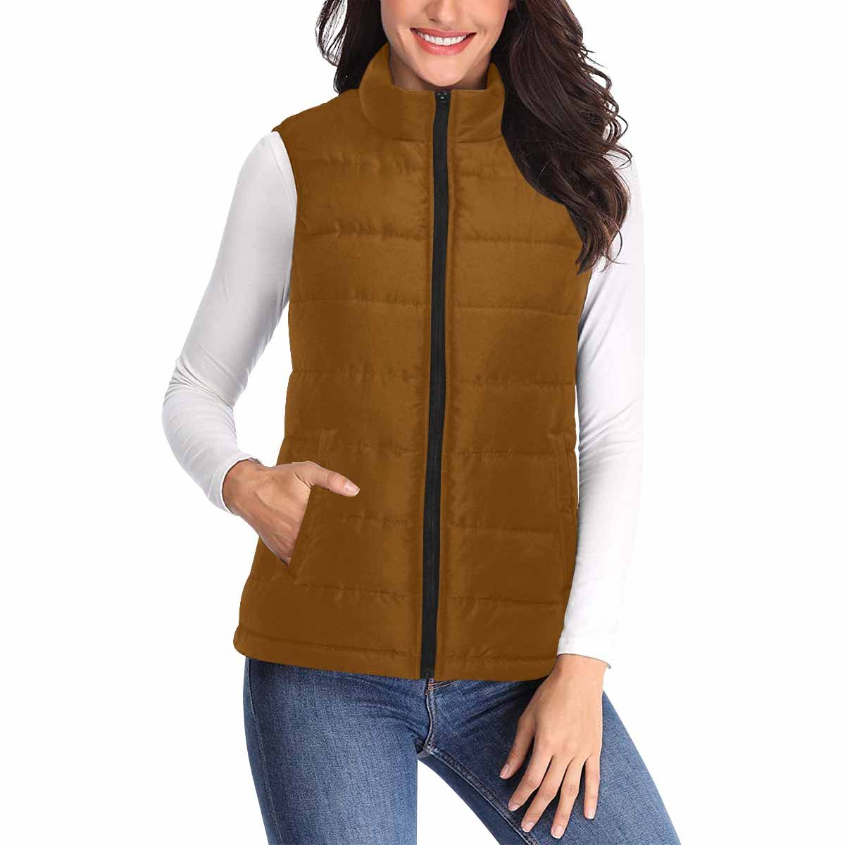 Women's Puffer Vest Jacket in Chocolate Brown, featuring a quilted design and zipper closure, perfect for layering in cooler weather.