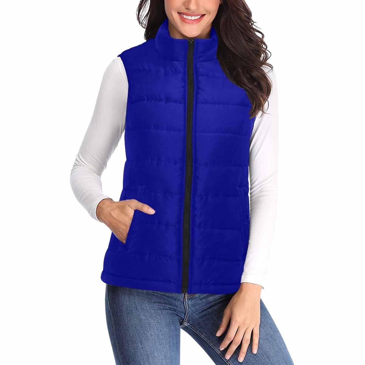 Women's Dark Blue Puffer Vest Jacket with zipper closure and large pockets, showcasing a stylish quilted design.