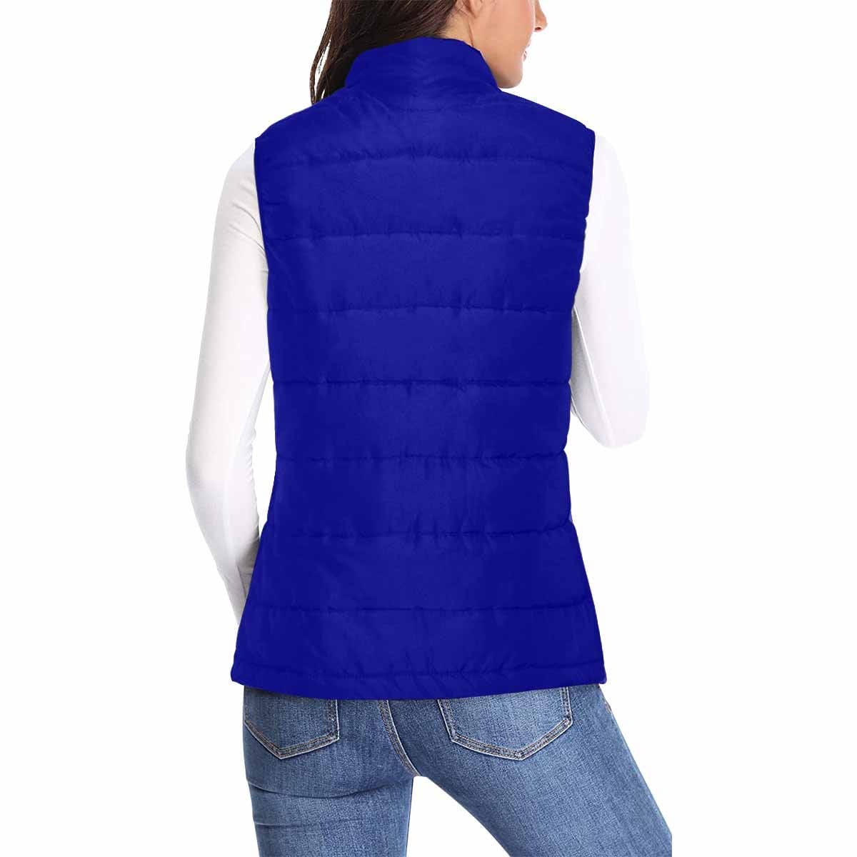 Women's Dark Blue Puffer Vest Jacket with zipper closure and large pockets, showcasing a stylish quilted design.