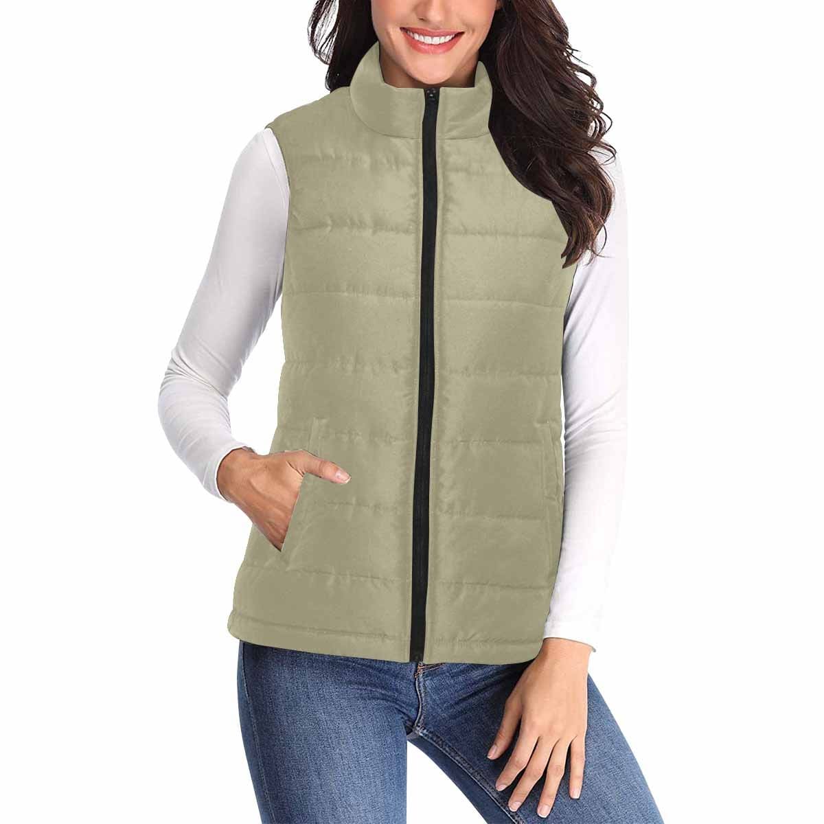 Women's Puffer Vest Jacket in Dark Sage Green, featuring a quilted design and zipper closure, ideal for layering in cooler weather.