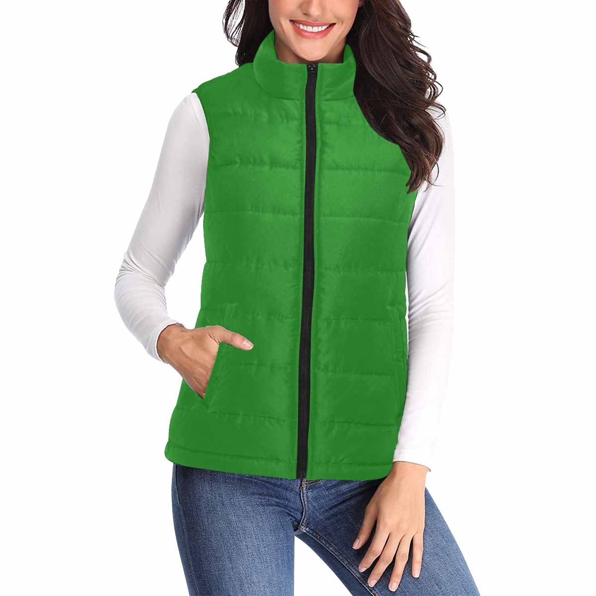 Women's Forest Green Puffer Vest Jacket with zipper closure and large pockets, showcasing a stylish quilted design.