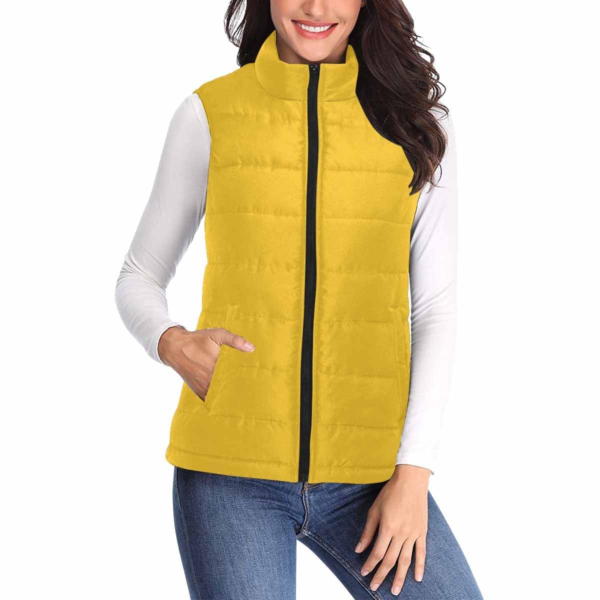 Women's Puffer Vest Jacket in Freesia Yellow, featuring a quilted design and zipper closure, perfect for layering and staying warm.