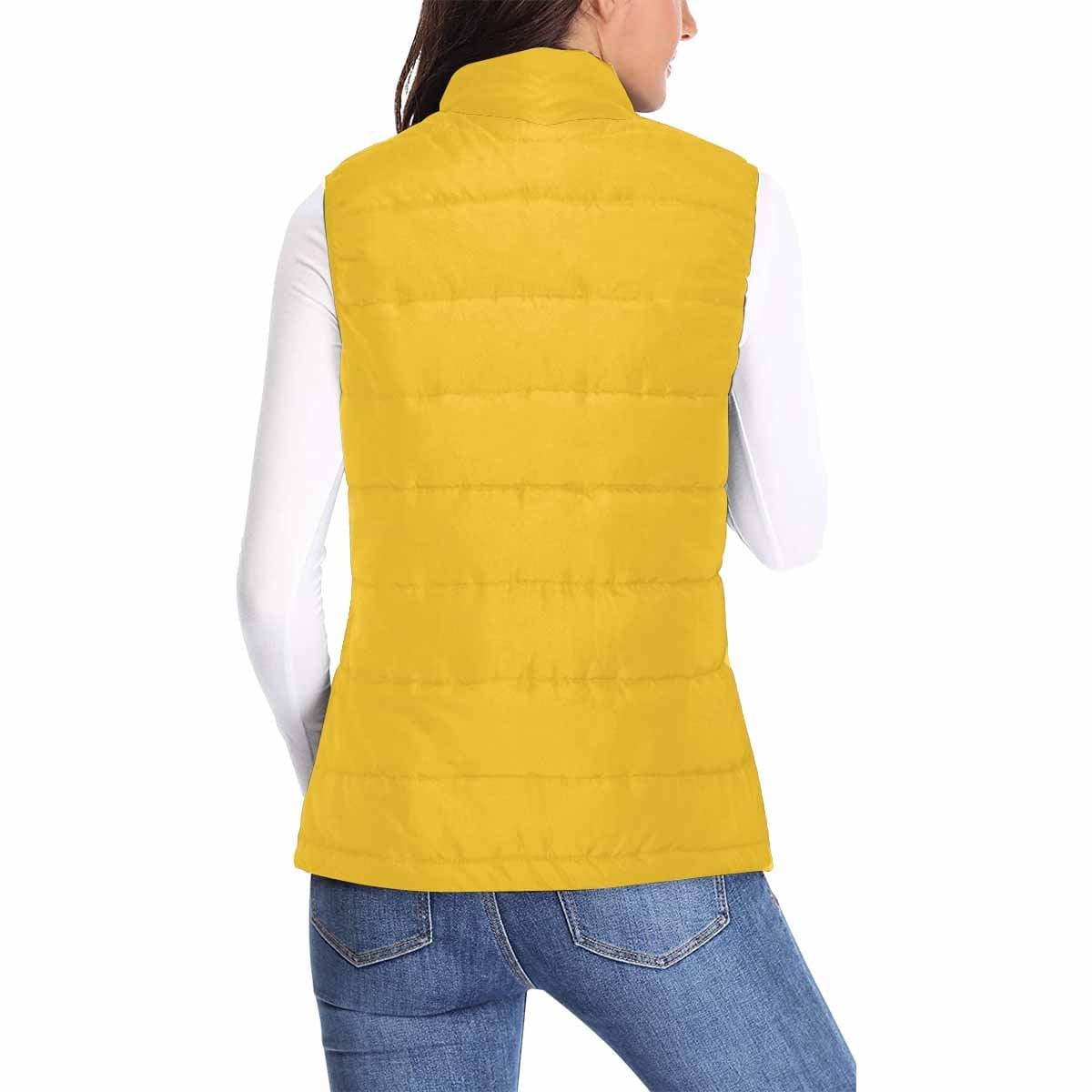 Women's Puffer Vest Jacket in Freesia Yellow, featuring a quilted design and zipper closure, perfect for layering and staying warm.