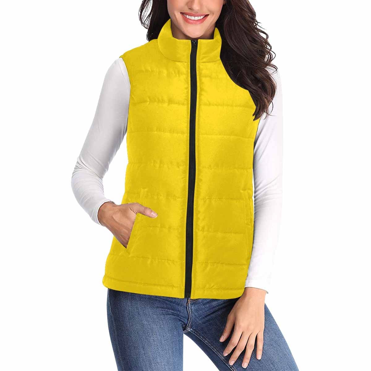 Women's Gold Yellow Puffer Vest Jacket with quilted design and zipper closure, featuring two large pockets.