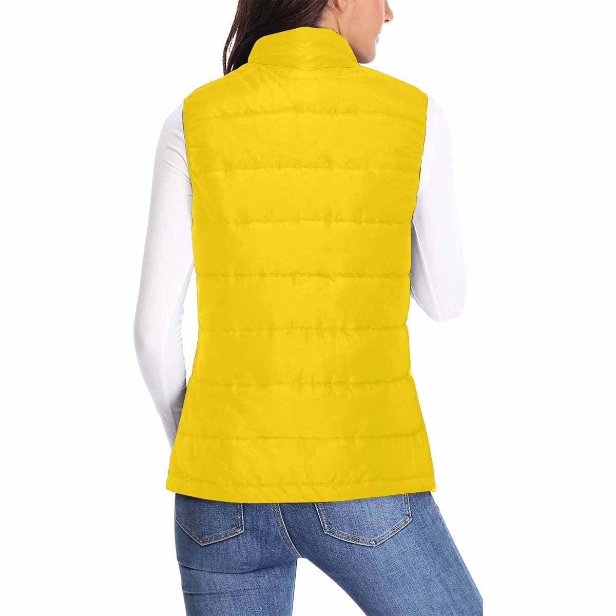 Women's Gold Yellow Puffer Vest Jacket with quilted design and zipper closure, featuring two large pockets.