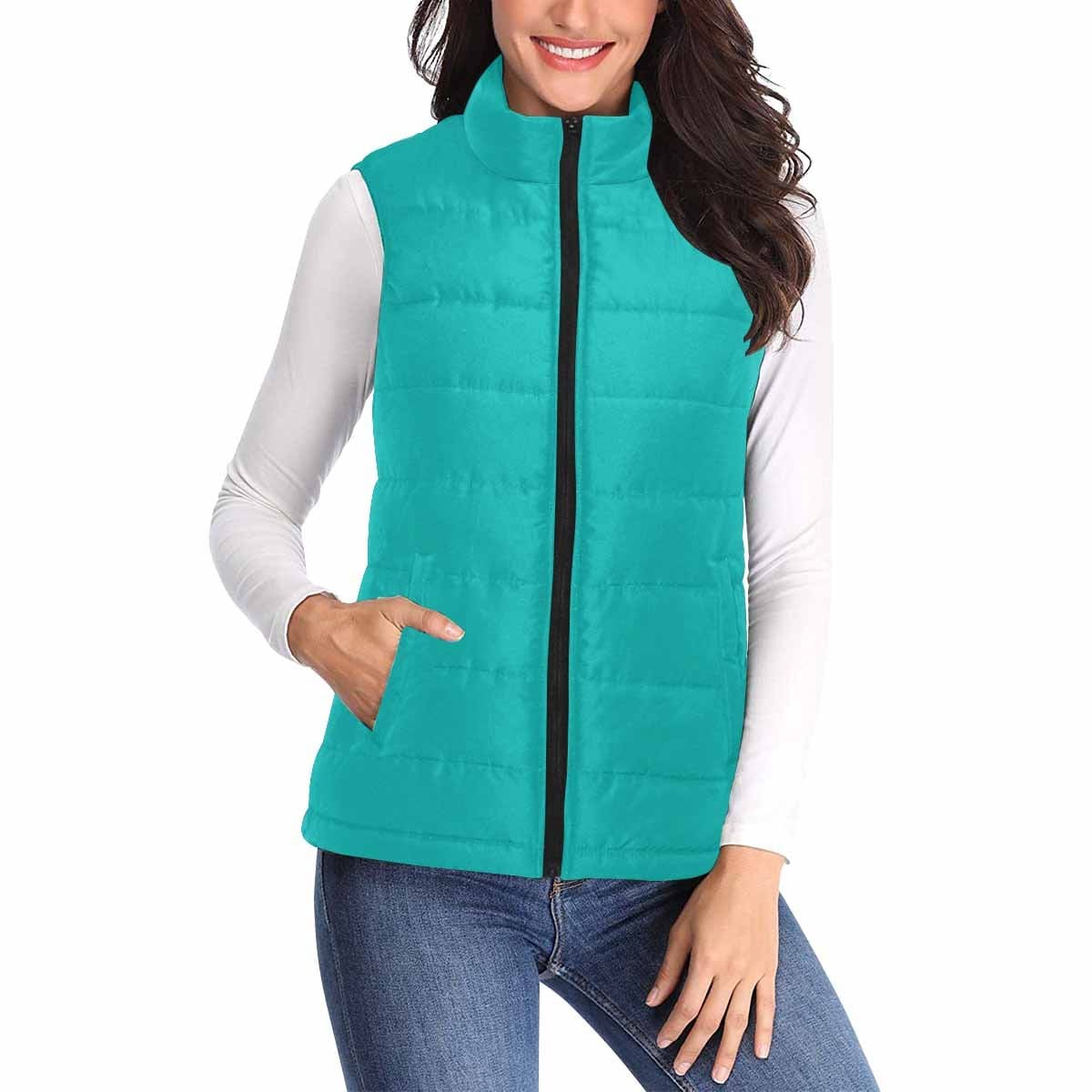 Womens Puffer Vest Jacket in greenish blue, featuring a quilted design and zipper closure, perfect for layering in cooler weather.