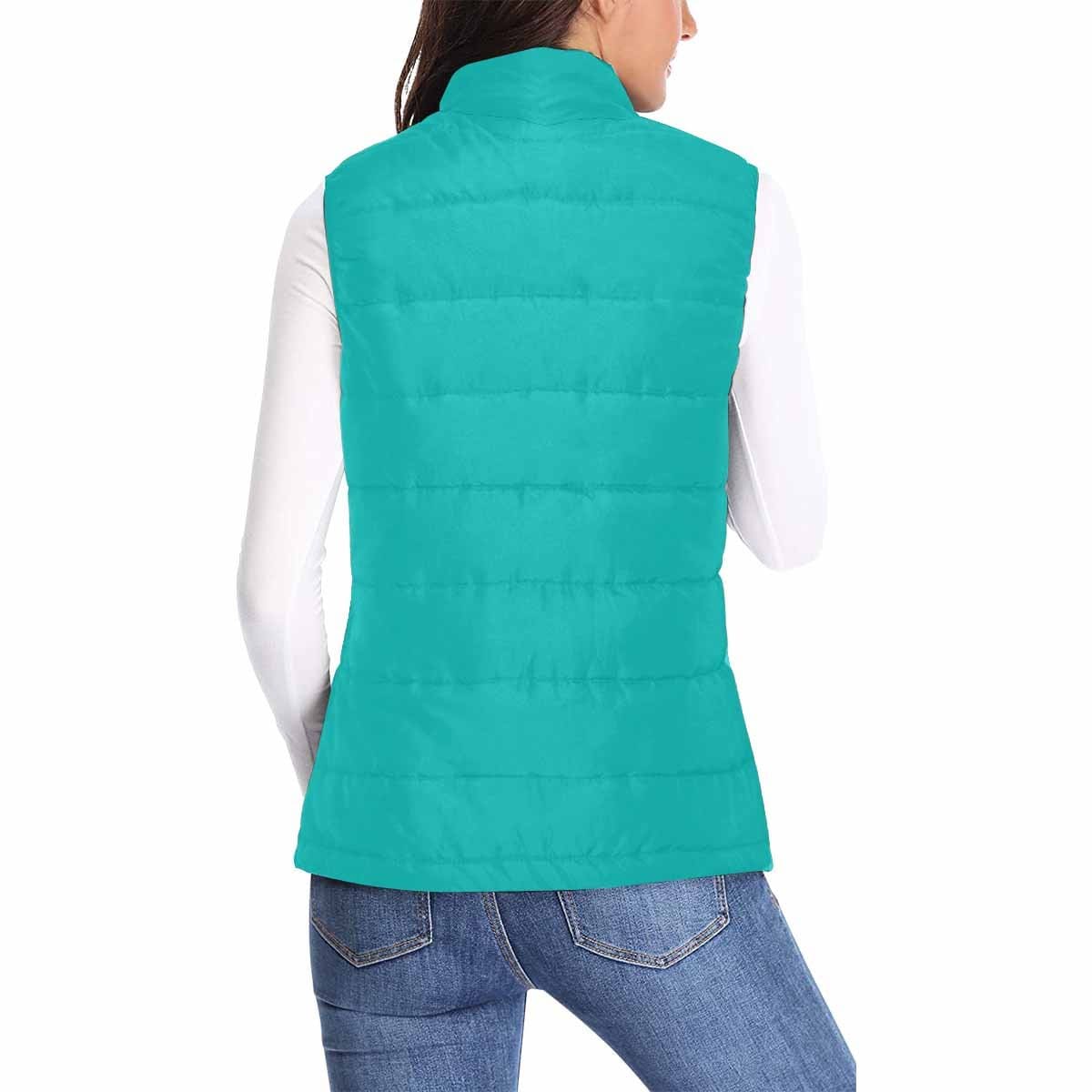 Womens Puffer Vest Jacket in greenish blue, featuring a quilted design and zipper closure, perfect for layering in cooler weather.