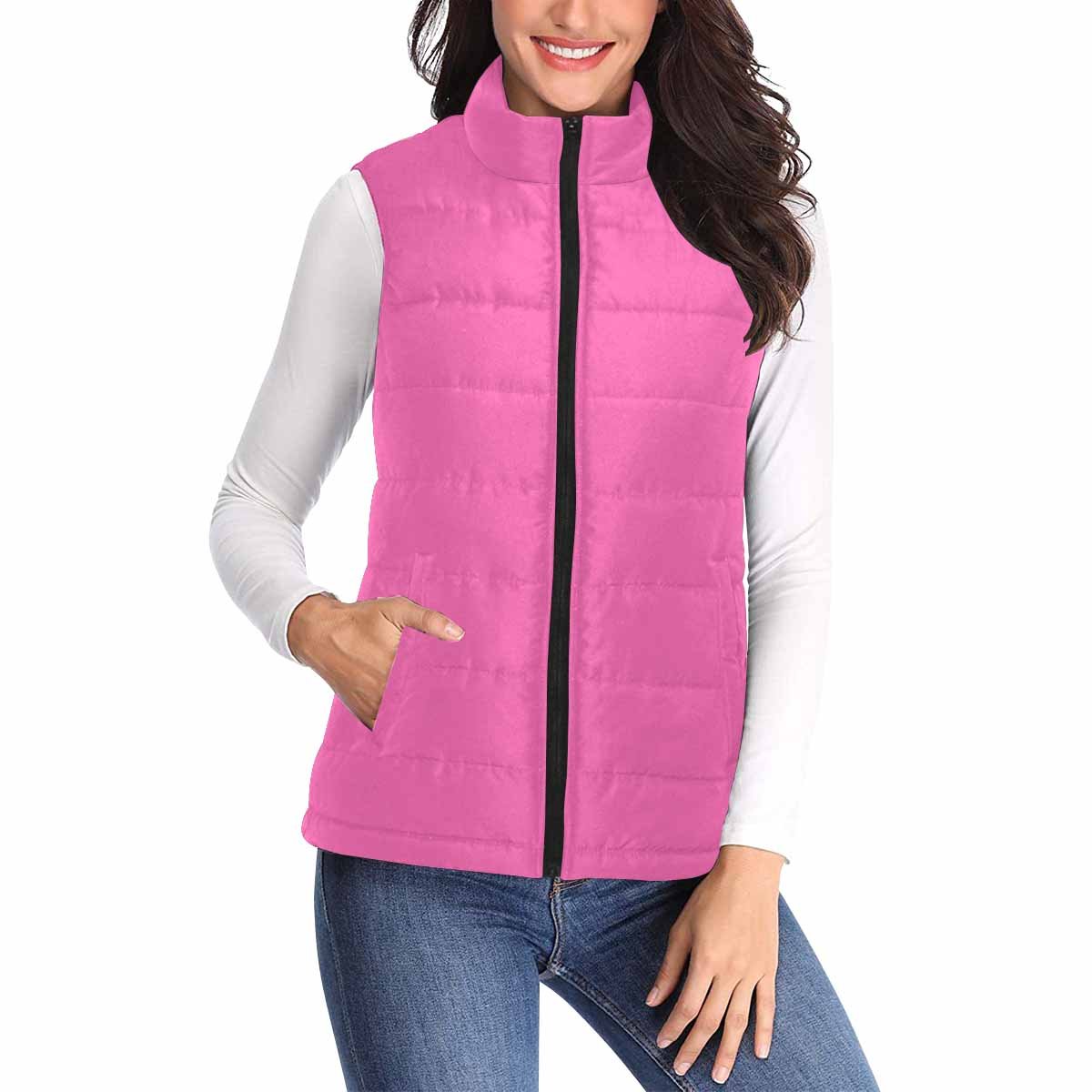 Women's Hot Pink Puffer Vest Jacket featuring a quilted design and zipper closure, perfect for layering and staying warm.