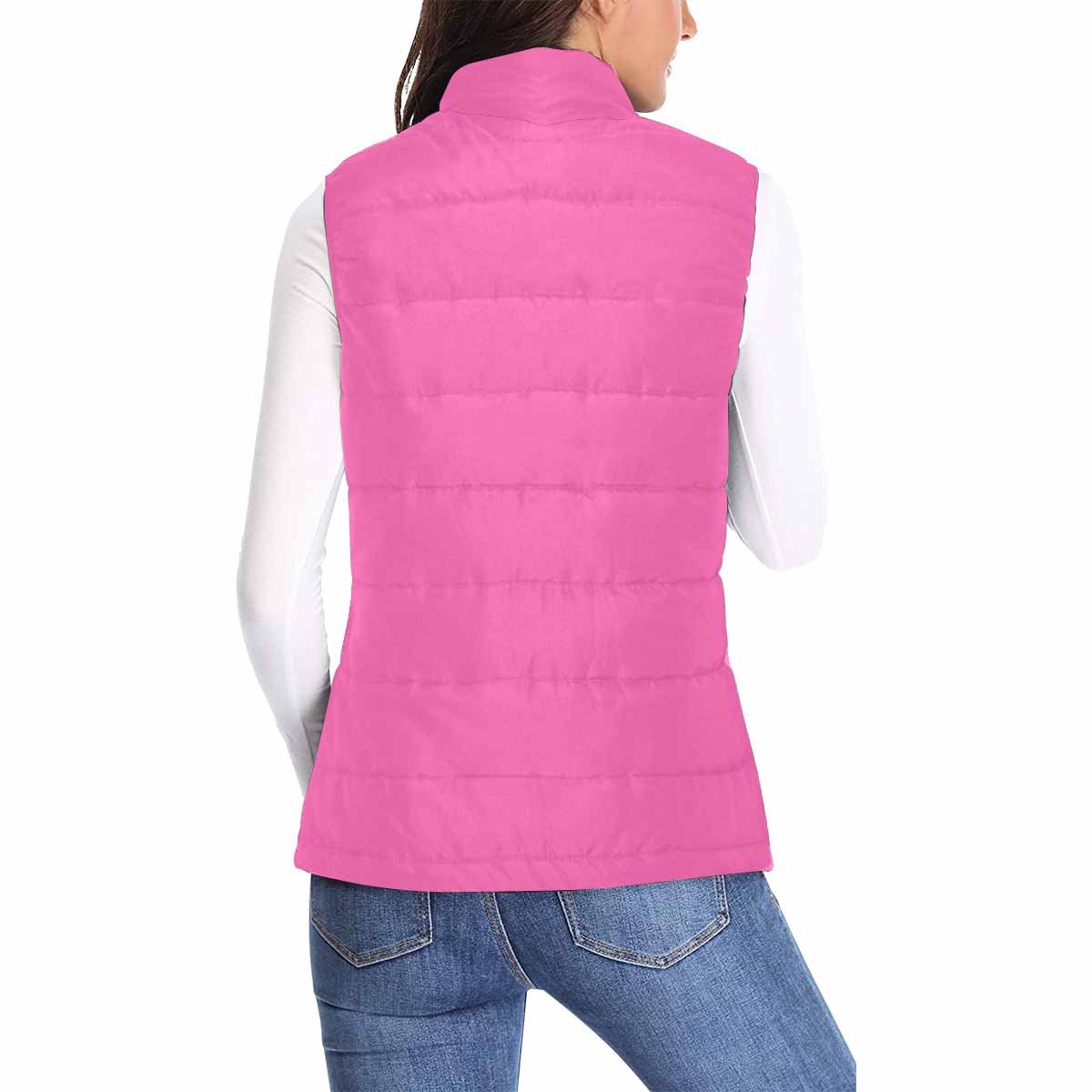 Women's Hot Pink Puffer Vest Jacket featuring a quilted design and zipper closure, perfect for layering and staying warm.