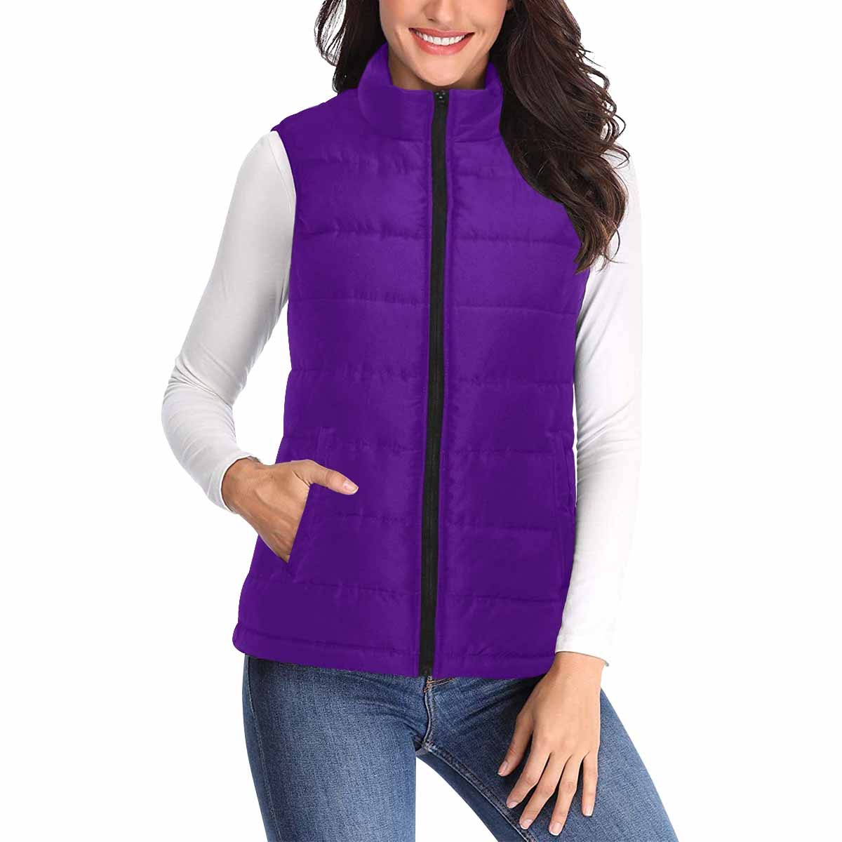 Women's Puffer Vest Jacket in Indigo Purple, featuring a quilted design and zipper closure, perfect for layering in colder weather.