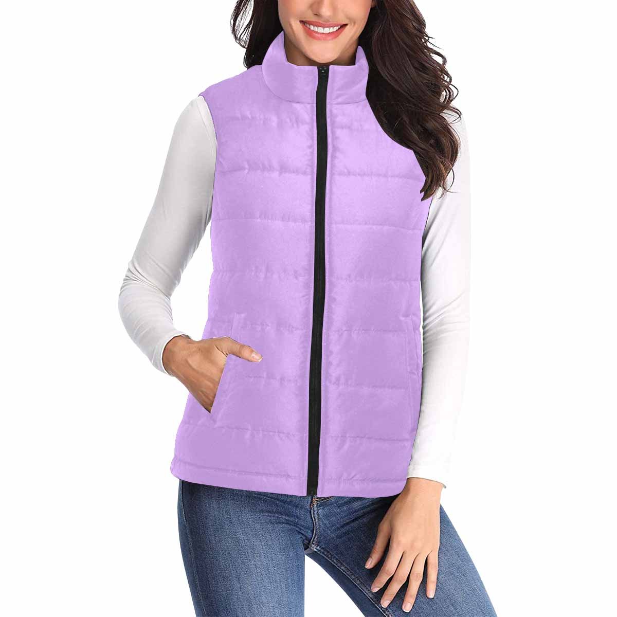 Womens Puffer Vest Jacket in Mauve Purple, featuring a quilted design and zipper closure, perfect for layering in cooler weather.