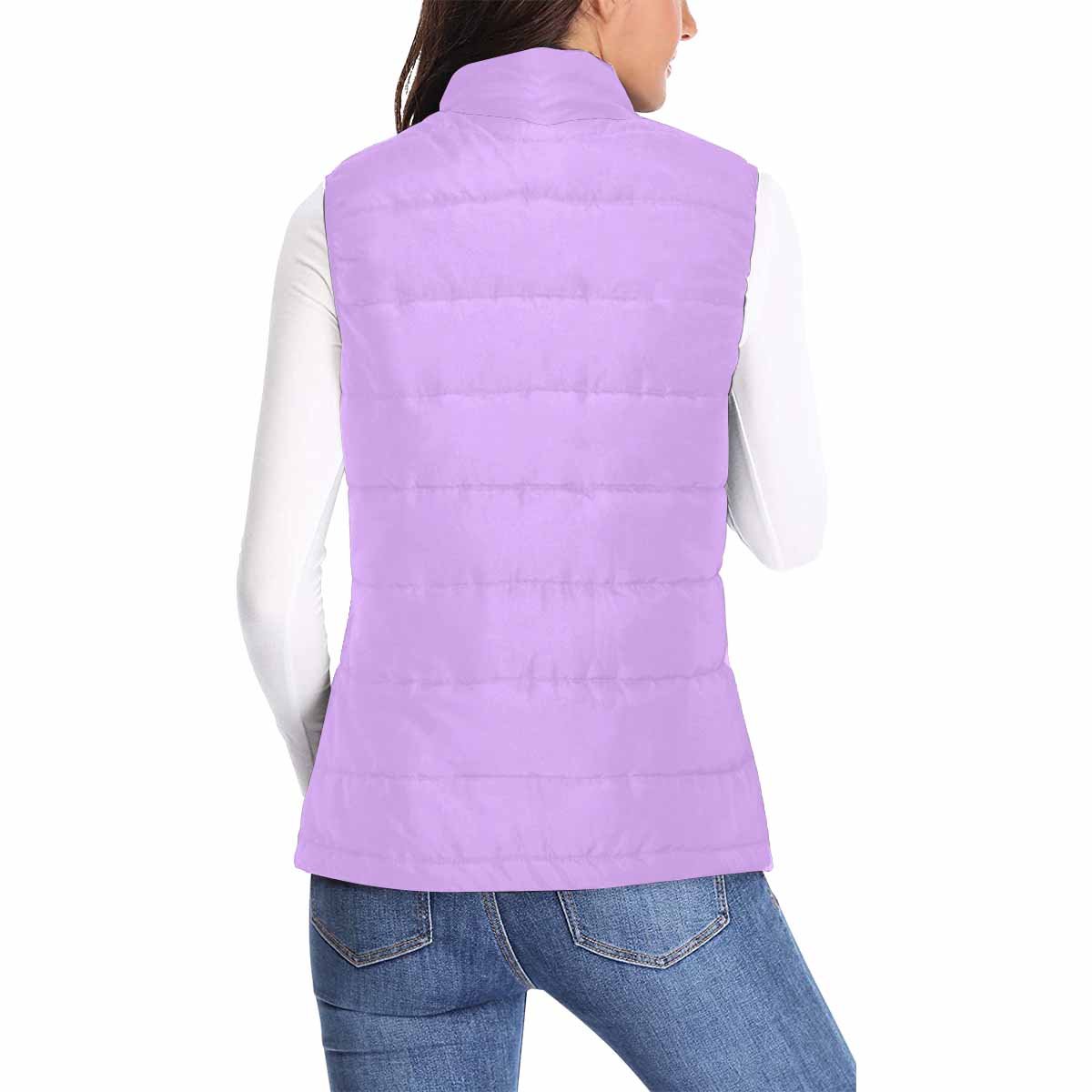 Womens Puffer Vest Jacket in Mauve Purple, featuring a quilted design and zipper closure, perfect for layering in cooler weather.