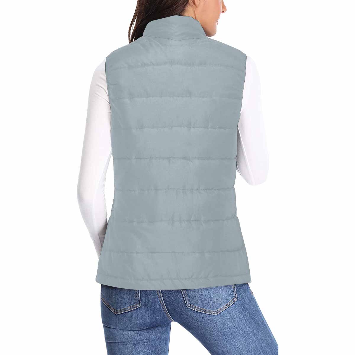 Women's Puffer Vest Jacket in Misty Blue Gray, featuring a quilted design and zipper closure, perfect for layering in cold weather.