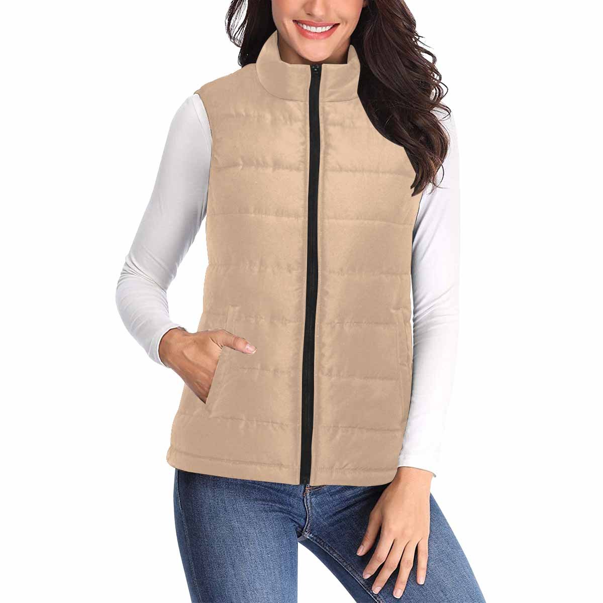 Women's Puffer Vest Jacket in Pale Brown, featuring a quilted design and zipper closure, perfect for layering and staying warm.