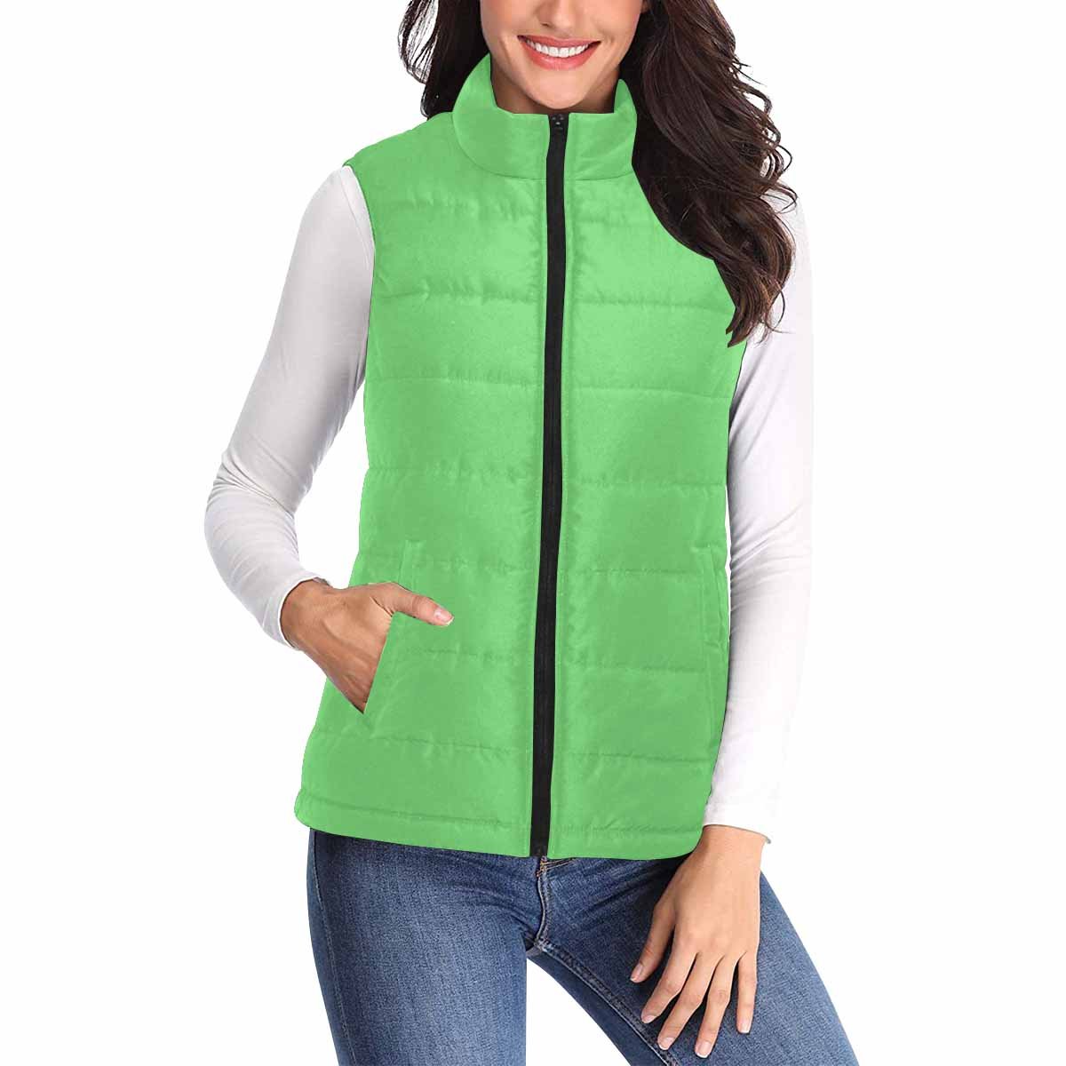 Pastel green women's puffer vest jacket with zipper closure and two large pockets, showcasing a stylish quilted design.